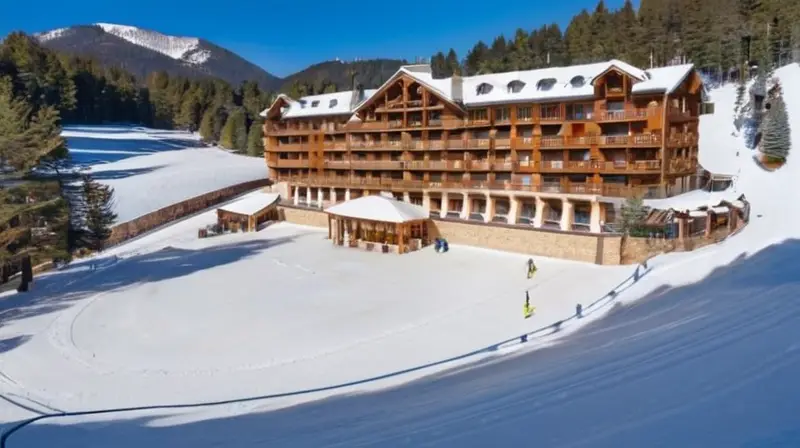 Un vibrante y acogedor resort de invierno con montañas nevadas, el Grand Hotel Font Romeu, esquiadores en acción y un ambiente lleno de energía