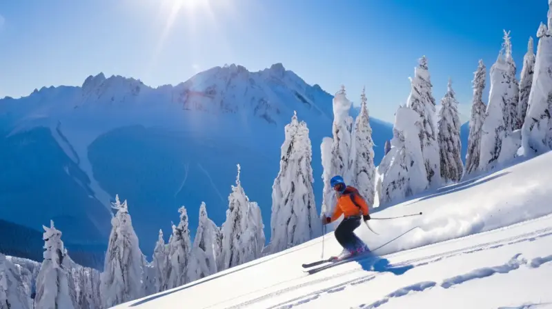 Un paisaje invernal con montañas nevadas, esquiadores coloridos y chalets acogedores crea una atmósfera serena y emocionante