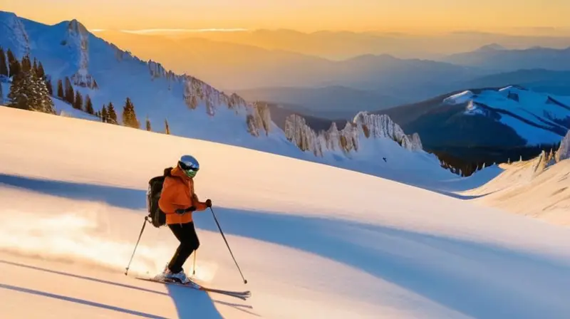 Un paisaje alpino vibrante con esquiadores en acción, montañas cubiertas de nieve y un cielo azul radiante