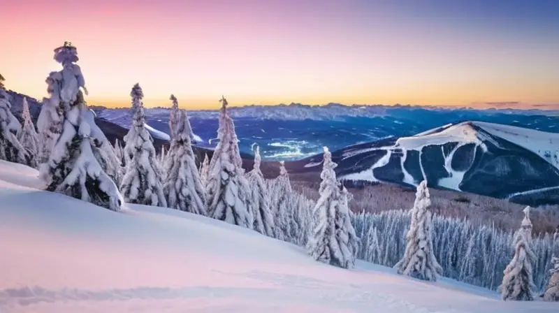 Un paisaje invernal vibrante con esquiadores en acción, luces coloridas y un ambiente acogedor bajo un cielo estrellado