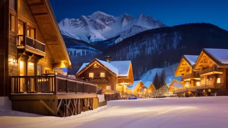 Un vibrante paisaje invernal con esquiadores, cabañas acogedoras y una animada atmósfera de après-ski bajo un cielo estrellado