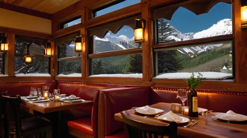 Un acogedor restaurante de montaña con mesas de madera