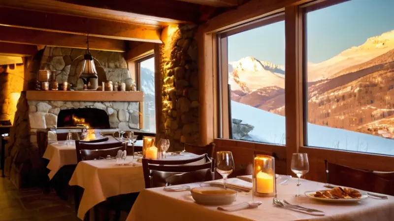 Un acogedor restaurante de montaña con paredes de piedra, luz dorada, mesas elegantes y un ambiente cálido, donde se disfrutan platos gourmet y se escucha risas, todo en un paisaje invernal