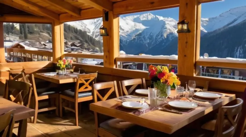 Un encantador pueblo alpino con chalets rústicos, luz cálida, mesas decoradas y un ambiente acogedor, donde los comensales disfrutan de platos gourmet mientras cae la nieve