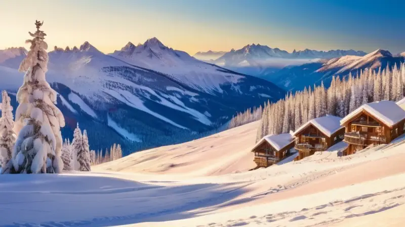 Un paisaje invernal con montañas nevadas, esquiadores en acción y cabañas acogedoras bajo un cielo azul