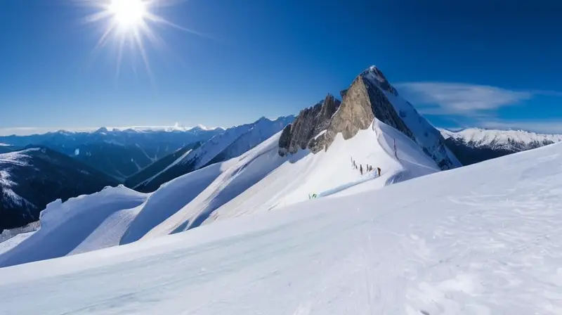 Un paisaje montañoso cubierto de nieve con esquiadores en acción bajo un cielo azul y nubes suaves