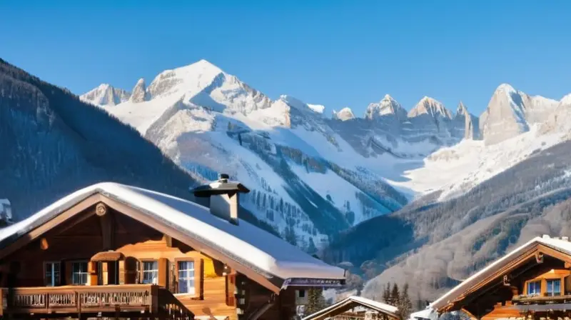 Un paisaje invernal vibrante con montañas nevadas, esquiadores en acción, chalets rústicos y un ambiente festivo