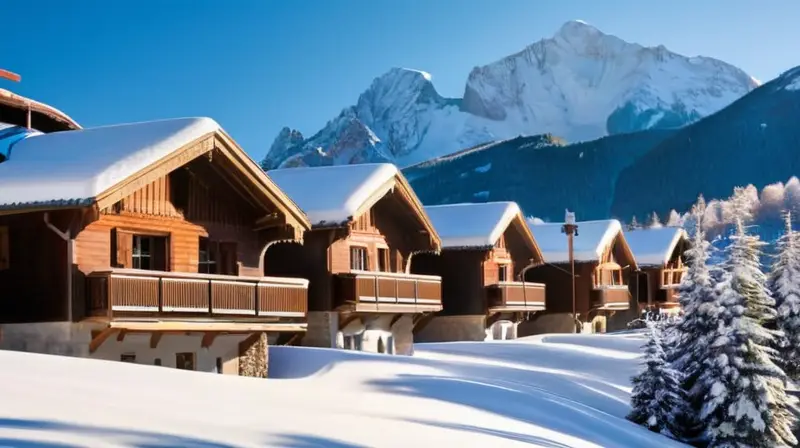 Un paisaje invernal con montañas nevadas, chalets acogedores, esquiadores en acción y un ambiente comunitario vibrante