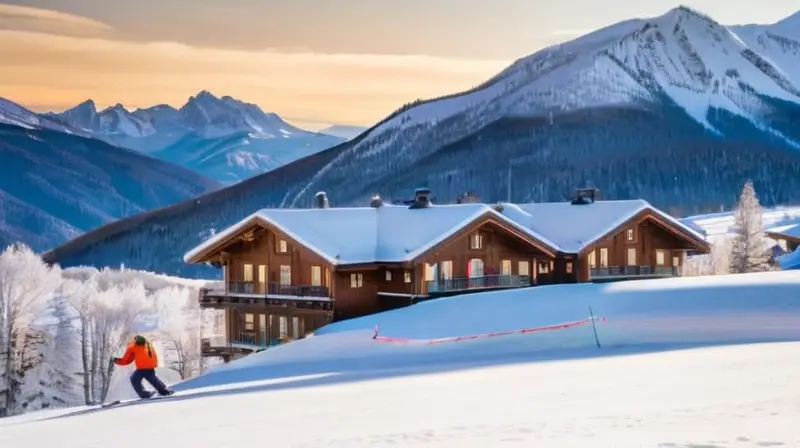 Un paisaje invernal vibrante con esquiadores en acción, montañas majestuosas y un encantador pueblo de chalets