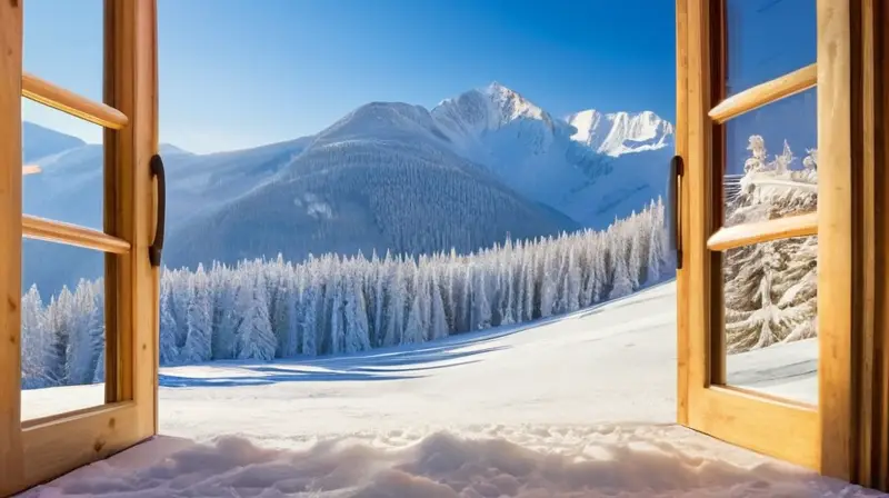 Un paisaje invernal vibrante con montañas nevadas, esquiadores en acción y acogedoras cabañas de madera