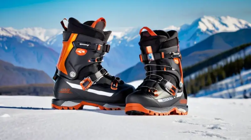 Unas modernas botas de esquí negras con detalles naranjas destacan en un paisaje montañoso nevado bajo un cielo azul