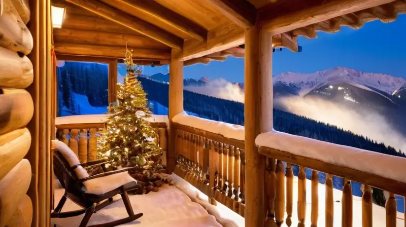 Un encantador paisaje invernal con cumbres nevadas, chalets de madera, esquiadores coloridos y un ambiente acogedor al atardecer