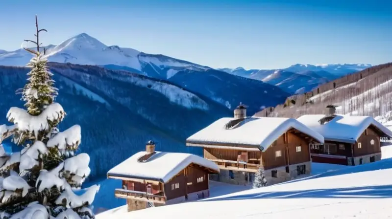 Un paisaje invernal idílico con montañas nevadas, esquiadores y cabañas rústicas bajo un cielo azul