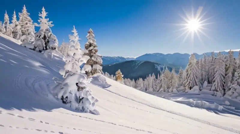 Un paisaje invernal con montañas cubiertas de nieve, pinos, un acogedor refugio de esquí y esquiadores disfrutando del deporte en un ambiente sereno