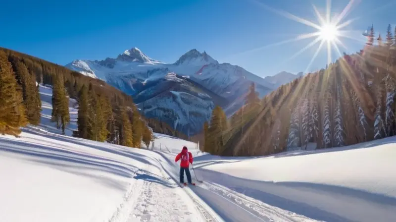 Un paisaje invernal sereno con esquiadores en colorido equipo, montañas distantes, cabañas acogedoras y nieve suave