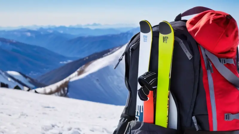 Un paisaje invernal vibrante con montañas nevadas, equipo de esquí bien organizado y una atmósfera invitante para esquiar en Japón