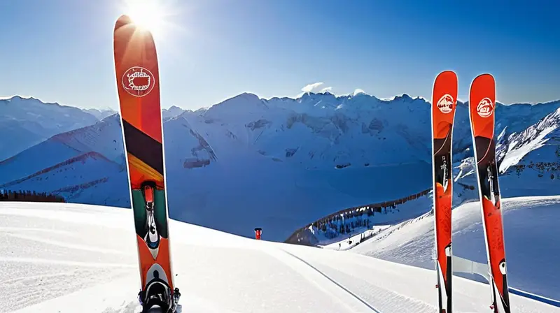 Esquís aerodinámicos brillan bajo el sol, rodeados de nieve y montañas, evocando velocidad y aventura