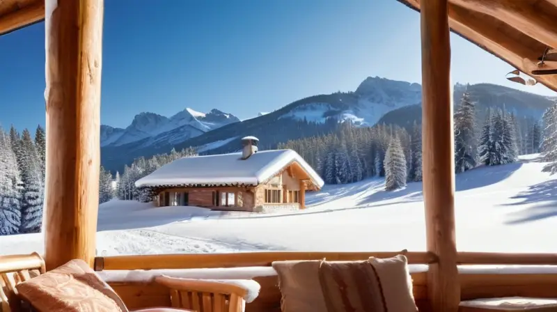 Un acogedor chalet de madera en un paisaje invernal con montañas nevadas, cielo azul y esquiadores en la distancia