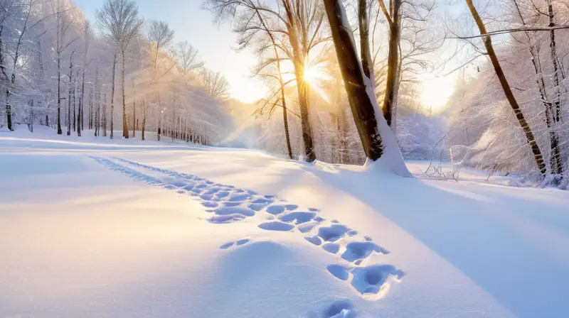 Un paisaje nevado con huellas de dos animales en la nieve, iluminado por la luz del sol y rodeado de un ambiente sereno
