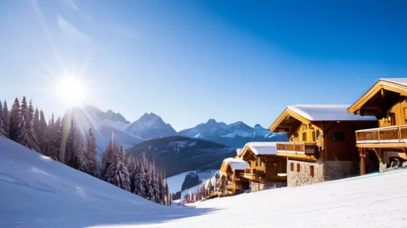 Un paisaje invernal vibrante con montañas nevadas, esquiadores en acción y un ambiente animado de actividades après-ski