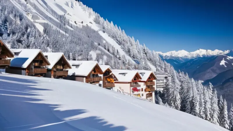 Un paisaje invernal de montañas cubiertas de nieve, esquiadores en acción y cabañas acogedoras bajo un cielo azul