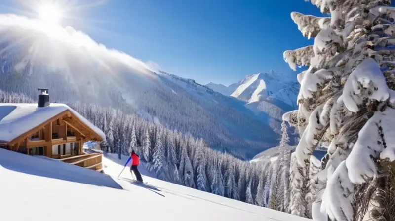 Un paisaje invernal vibrante con montañas nevadas, esquiadores en acción, un acogedor chalet y un ambiente festivo