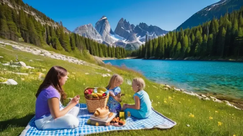 Un lago turquesa rodeado de naturaleza vibrante y una familia disfrutando de un picnic en un día soleado