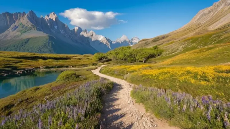 Un paisaje sereno de praderas verdes, flores silvestres, montañas, un lago turquesa y actividades recreativas