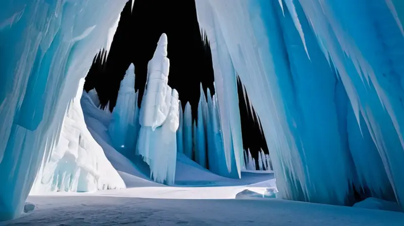 Un palacio de hielo deslumbrante con tonos azules y blancos, estructuras cristalinas, y un ambiente mágico de asombro y profundidad