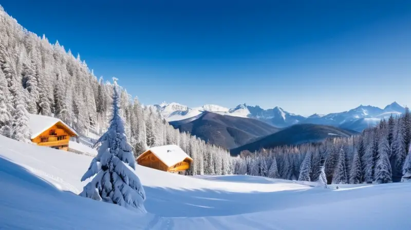 Un paisaje invernal sereno con montañas nevadas, árboles cubiertos de blanco, cielos azules, esquiadores y cabañas humeantes