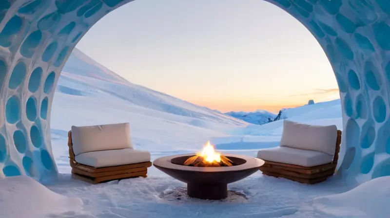 Un acogedor iglú de nieve con un domo redondeado, luz natural, un cálido fuego central y detalles intrincados que contrastan con el frío exterior