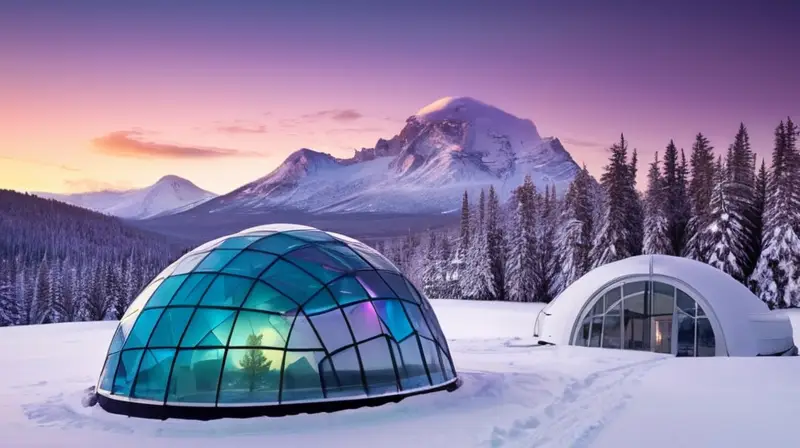 Auroras vibrantes iluminan un paisaje nevado con igloos brillantes y un lago sereno bajo un cielo estrellado