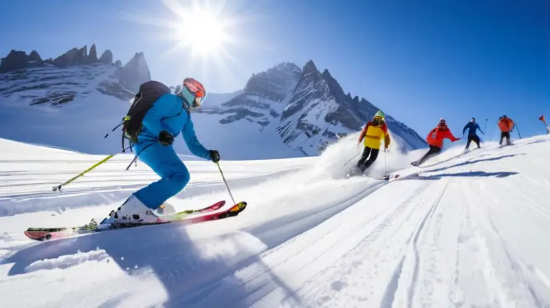 Esquidores en acción en montañas nevadas bajo un cielo azul, con un juego de luces y sombras