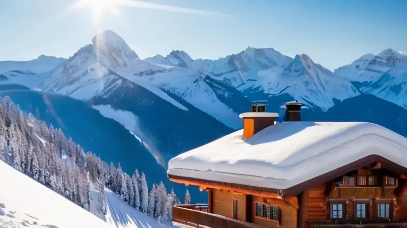 Un paisaje invernal de montañas nevadas, esquiadores coloridos y acogedoras cabañas bajo un cielo azul