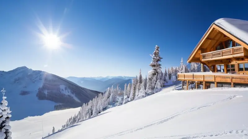 Un paisaje montañoso nevado con esquiadores vibrantes, un acogedor lodge y un ambiente emocionante de deportes de invierno