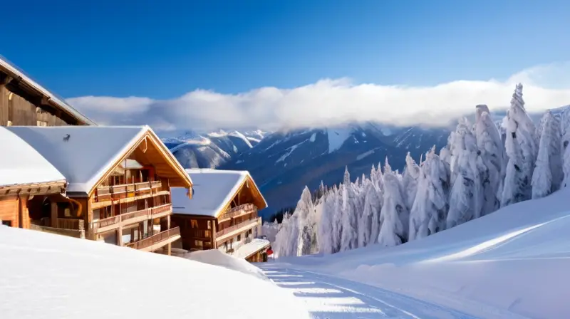 Un paisaje invernal vibrante con montañas nevadas, esquiadores, chalets acogedores y un ambiente de aventura