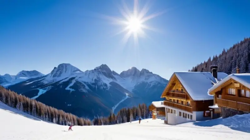 Un paisaje invernal con montañas nevadas, esquiadores vibrantes, cabañas acogedoras y la esencia de la cultura tirolesa