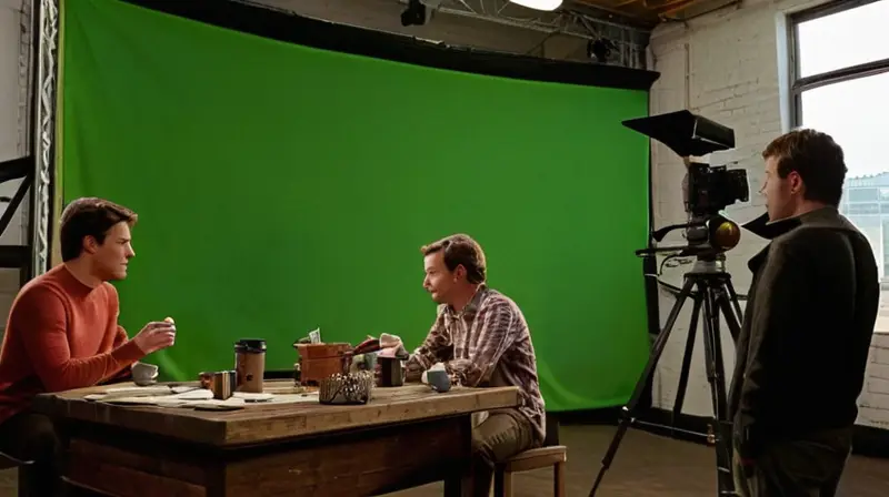Un set de filmación vibrante y animado, lleno de colores, actores en acción, equipo técnico concentrado y una atmósfera cargada de creatividad