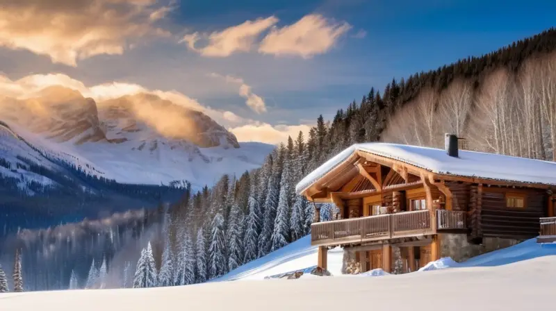 Un paisaje invernal idílico con montañas nevadas, esquiadores en acción, cabañas rústicas y aguas termales, todo envuelto en una atmósfera de tranquilidad y aventura