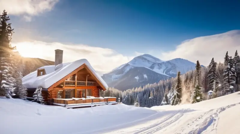 Un paisaje invernal de montañas nevadas, esquiadores y un acogedor refugio que invita a la aventura y la tranquilidad