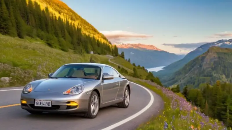 Un coche plateado recorre una sinuosa carretera montañosa rodeada de paisajes verdes y montañas nevadas bajo un cielo azul