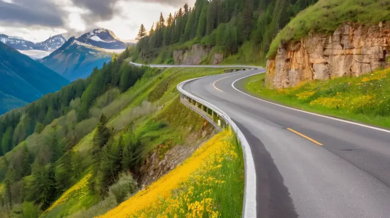 Un coche plateado recorre una sinuosa carretera montañosa rodeada de paisajes verdes y montañas nevadas bajo un cielo azul