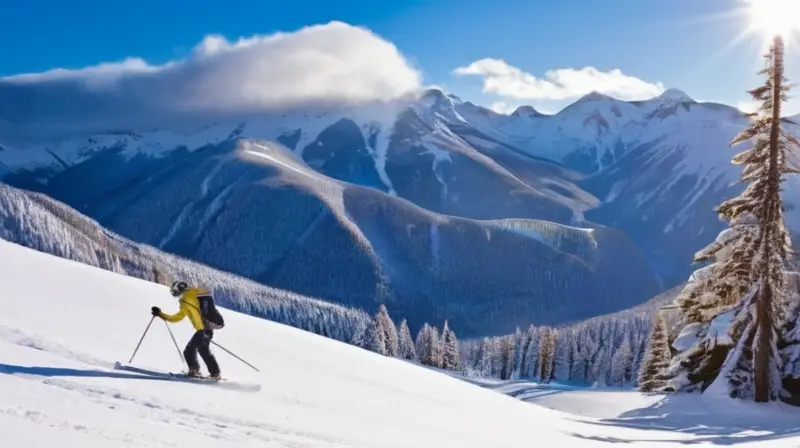 Un paisaje invernal vibrante con montañas nevadas, esquiadores dinámicos y un ambiente animado de après-ski