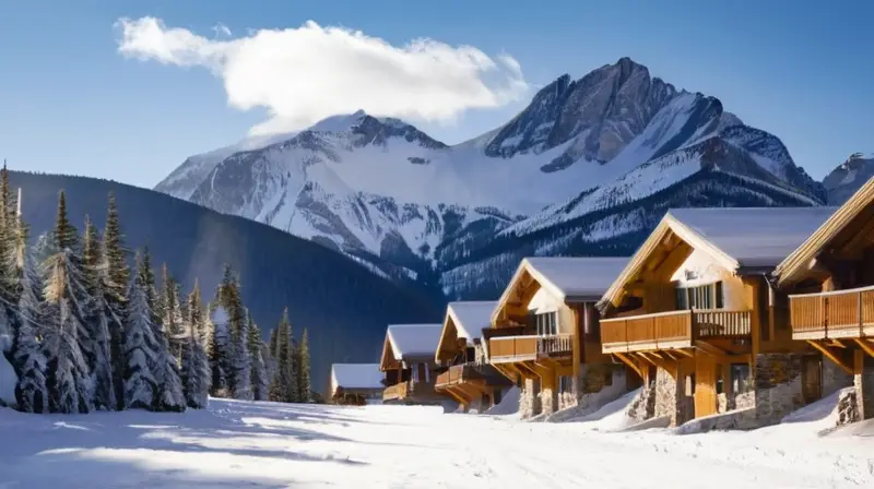 Un paisaje invernal de montañas cubiertas de nieve, esquiadores en acción y acogedoras cabañas, todo bajo un cielo azul brillante