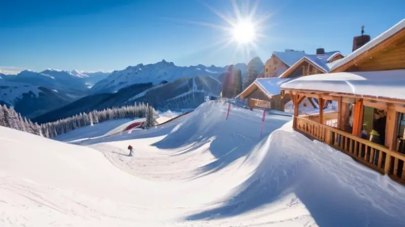 Un paisaje invernal vibrante con esquiadores en colorido equipo, montañas nevadas, chalets acogedores y un ambiente animado de après-ski