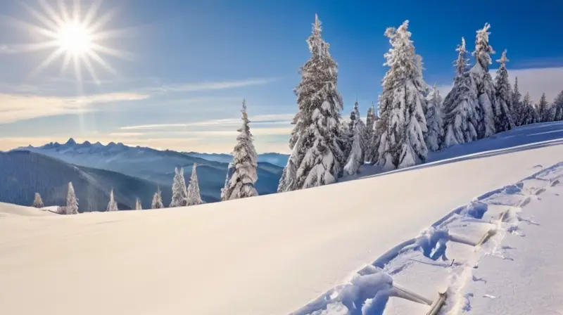 Un paisaje invernal idílico con montañas nevadas, esquiadores en acción y un acogedor refugio que invita a la aventura