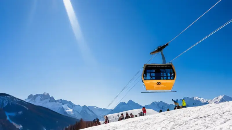 Un paisaje invernal con montañas nevadas, cielo azul, teleféricos brillantes, gente emocionada y un ambiente festivo