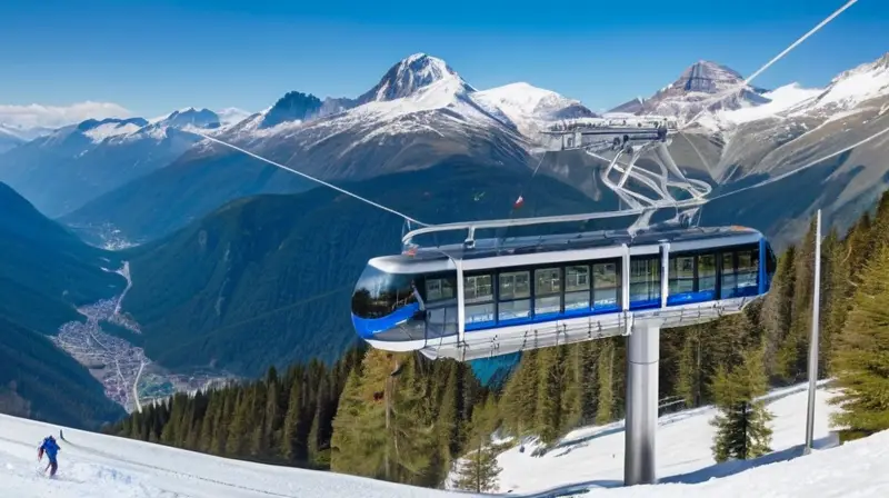 Un paisaje invernal vibrante con montañas nevadas, un teleférico moderno y esquiadores emocionados