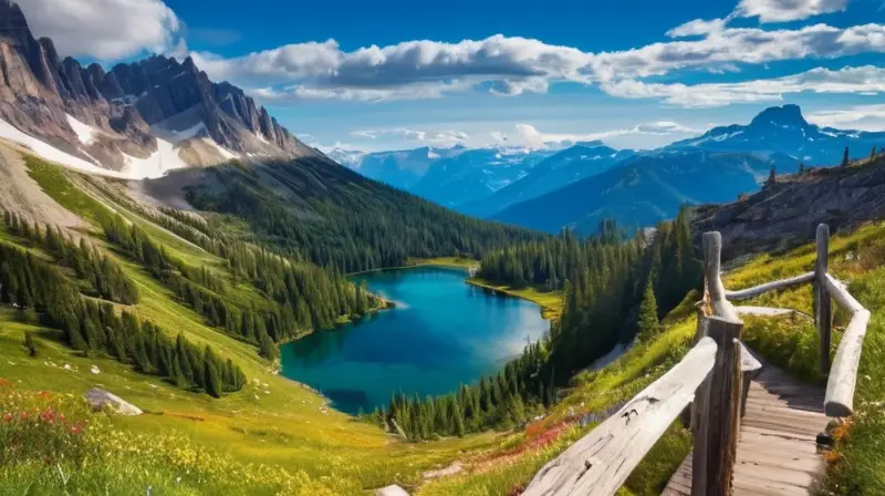 Un paisaje natural impresionante con montañas nevadas, lagos azules, praderas verdes y una atmósfera de aventura