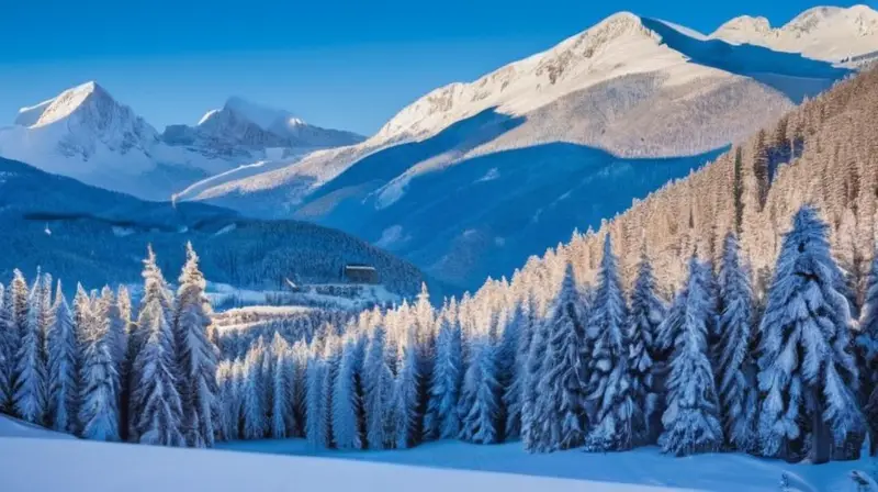 Un paisaje invernal de montañas nevadas, esquiadores en acción y una atmósfera de aventura y tranquilidad